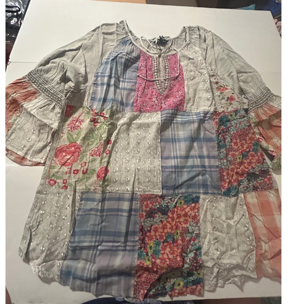 Young Threads Womens XL Patchwork Tunic Top Boho Floral Plaid Bell Sleeve New